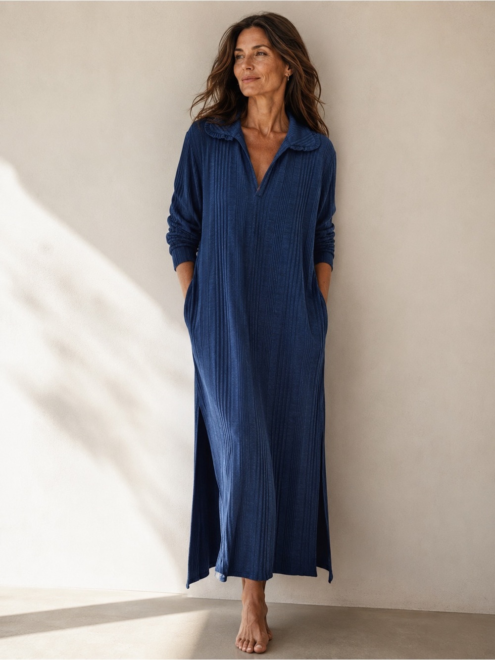 TAYLOR TILLMAN NEW YORK Relaxed Navy Ribbed “Valerie” Maxi Dress with Collar